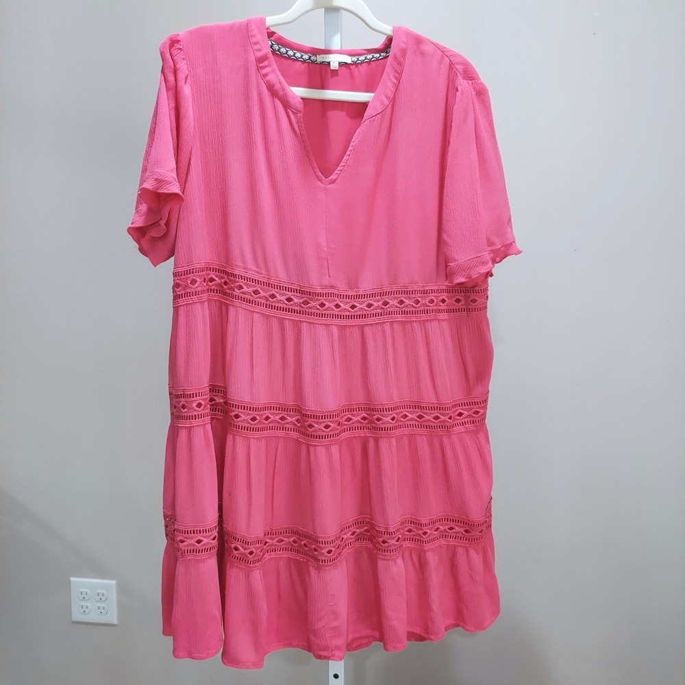 Kate & Sam Womens Hot Pink Tiered Crochet Lace V-Neck Mini Dress XL